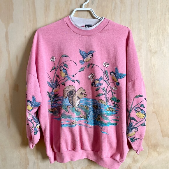 BE Basics Sweaters - Vintage Pink Pastel Squirrel and Bird Crew Sweater